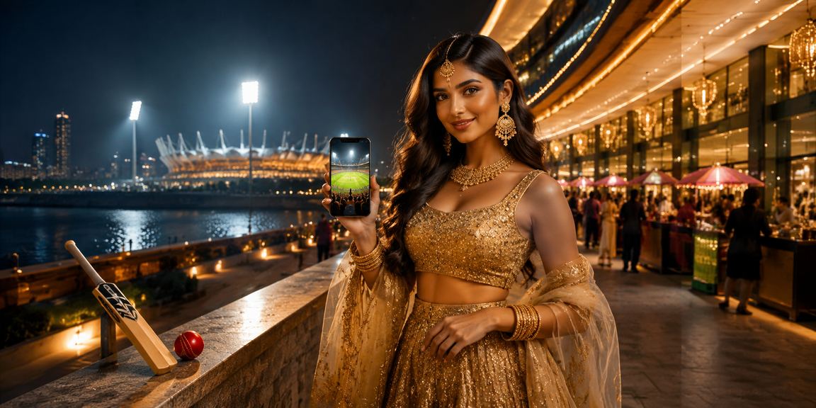 Young Indian woman enjoying cricket betting on mobile device